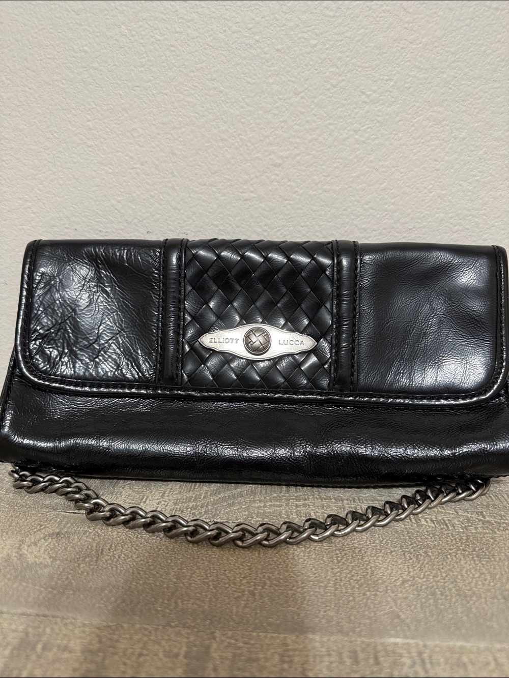 Elliott Lucca Black Leather Woven Accent Chain Clutch